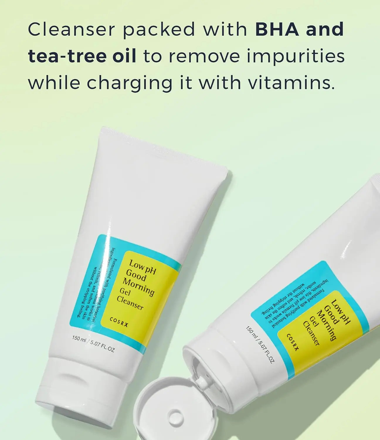 Two tubes of cleanser with text about BHA, tea-tree oil, and vitamins on a light green background.